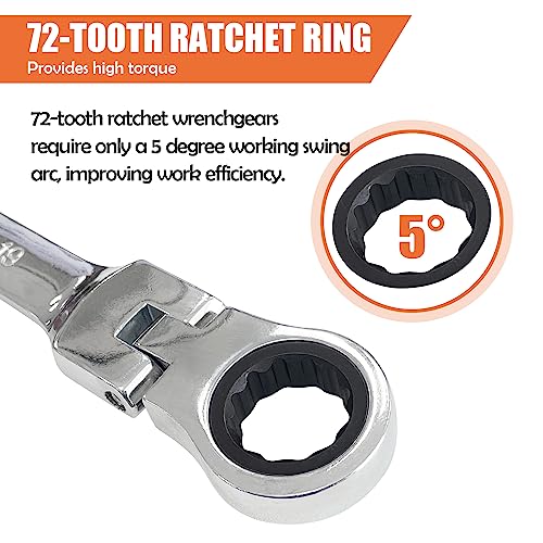 8 Piece Flex-Head Ratcheting Combination Wrench Set, 8-19mm Metric Chrome Vanadium Steel Spanner, Gear Ring Ratchet Wrenches with Rolling Pouch