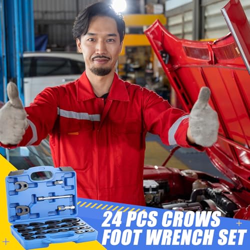24 Pcs Drive Crows Foot Wrench Set 1/2" and 3/8" Drive Flare Nut Wrench Set with 3 Extension Bars Metric 8-32mm 6 Point Crow Foot Wrenches Kit for Brake Line, Fuel Line and Auto Repair