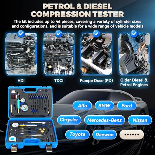 Diesel Compression Tester Kit 47pcs Petrol & Diesel Engine Compression Tester Small Engine Cylinder Leak Down Tester with Compression Gauge, Leak Detector, Gloves, for HDI/TDCi/Pumpe Duse Engine