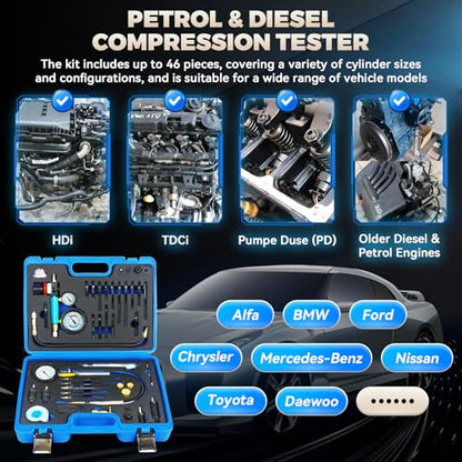 Diesel Compression Tester Kit 47pcs Petrol & Diesel Engine Compression Tester Small Engine Cylinder Leak Down Tester with Compression Gauge, Leak Detector, Gloves, for HDI/TDCi/Pumpe Duse Engine