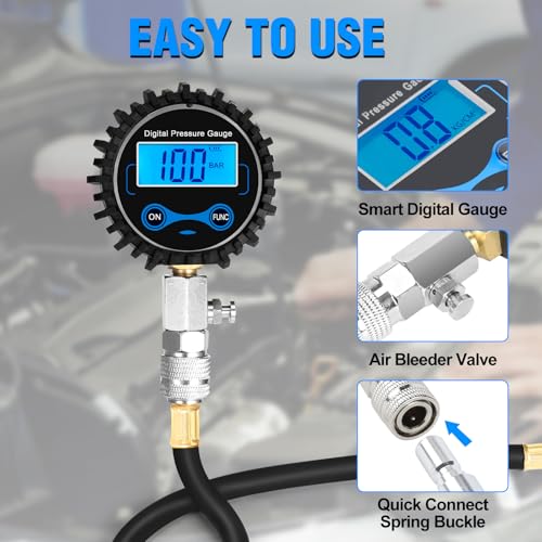 BETOOLL 8pcs Compression Tester Automotive - Digital Compression Gauge 0-300PSI for Petrol Engine Cylinder Compression Tester Tool Kit with Adapters & Hose - color: Black