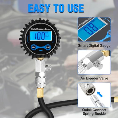 BETOOLL 8pcs Compression Tester Automotive - Digital Compression Gauge 0-300PSI for Petrol Engine Cylinder Compression Tester Tool Kit with Adapters & Hose - color: Black