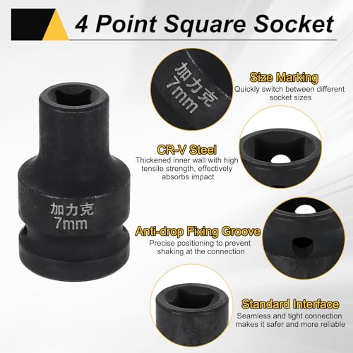 HARFINGTON 3pcs 4 Point Square Socket 1/2" Drive 7mm Metric Square Impact Socket CR-V Blackening Standard Wheel Sleeve Pneumatic Sleeve Tool for Auto Repair Mechanical Maintenance Home Use - size: 7mm