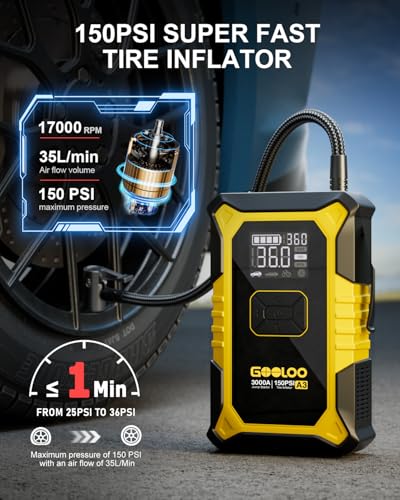GOOLOO A3 12V 3000A Portable Jump Starter with Air Compressor | 7-in-1: 3000A Lithium Jumper Box - 150 PSI Tire Inflator - USB-A Output - LED Flashlight - Ball / Bike Pump - Pressure Gauge - color: Yellow