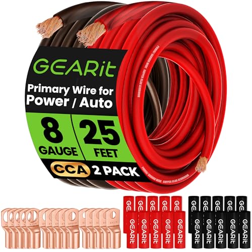 GEARit 8 Gauge Amp Wiring Kit CCA 3-in-1, 8 AWG Copper Clad Aluminum Power & Ground Battery Cable, 25 ft Each Black & Red, with 15 Lugs & 20 Heat Shrink for Car Audio - color: 8 Gauge Wire, size: Black/Red 25ft Each + Lugz + Shrink Wrap
