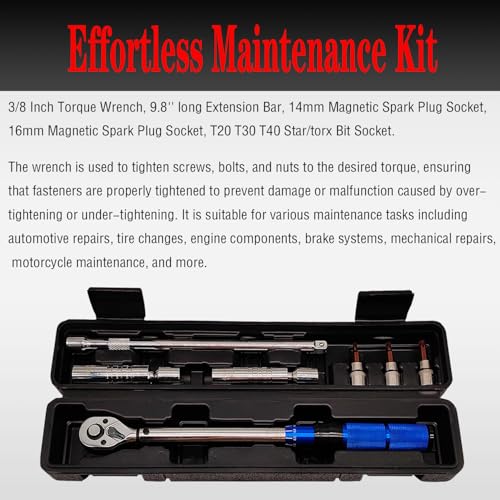 7PCS 3/8 Inch Drive Click Torque Wrench Set, 5-60 N.m with 9.8'' Long Extension Bar, 14mm 16mm Spark Plug Socket, T20 T30 T40 Bit Socket for Car Engine Repair Spark Plug Replacement