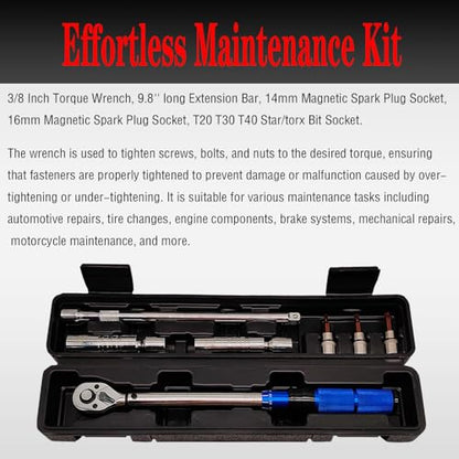 7PCS 3/8 Inch Drive Click Torque Wrench Set, 5-60 N.m with 9.8'' Long Extension Bar, 14mm 16mm Spark Plug Socket, T20 T30 T40 Bit Socket for Car Engine Repair Spark Plug Replacement