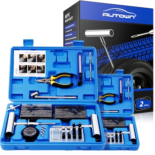 AUTOWN Flat Tire Repair Kit 68pcs 2-Pack, Tire Plug Kit to Fix Punctures | Universal Tire Repair Patch Tools with Case, Emergency Kits for Car, Motorcycle, Truck, ATV, RV, SUV, Tractor, Trailer - size: 68pcs 2-Pack