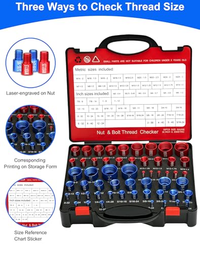 55Pcs Thread Checker, Nut and Bolt Measuring Tool(25 Metric & 30 Standard), Bolt Size and Thread Gauge Finder with Storage Box, Suitable for inspecting in Narrow and Tricky Areas