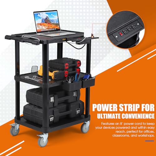ELAFROS 3-Tier Heavy Duty AV Cart with Power Strip, 27.5 x 18.25 in | 330 lbs Capacity, Flat Top Shelves, Industrial Rolling Cart, Swivel Wheels, AV Equipment Stand, Work Cart, Organizer - style: With Power Strip