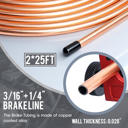 25ft 1/4''+3/16'' The Latest Copper Coated Brake Line Kit with 32 Fittings and 8 Unions Brake Line Fittings+Tube Bender+Double & Single Flaring Tool Kit for Most Hydraulic Braking Systems - size: 3/16"+1/4" Brake Lines