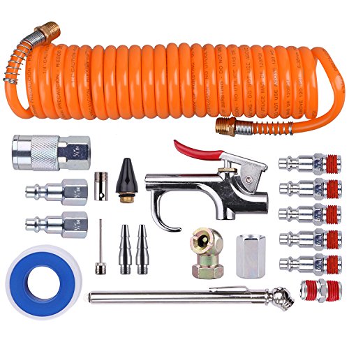 1/4 Inch NPT Air Accessory Kit - 20 Piece, Air Compressor Hose Tool Kit with Coil PU Hose/Blow Gun/Tire Gauge/Storage Case