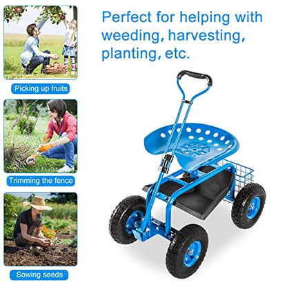 Kinfant Rolling Garden Cart Scooter Stool - Garden Cart with Wheels & Seat, Adjustable Handle 360 Degree Swivel (Blue) - color: Blue