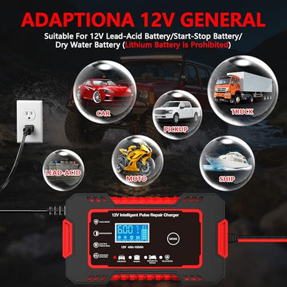 12V 6-Amp Battery Charger, Smart Trickle Charger & Maintainer RED | Battery Desulfator, Winter & Summer Mode, Lead-acid Battery Chargers, for Car Truck Motorcycle Lawn Mower Boat - color: Red
