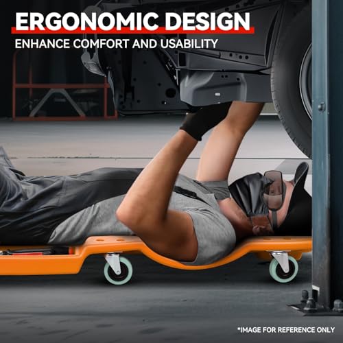 Auto Dynasty 47 Inches Mechanic Creeper, Automotive Garage Repair Low Profile Under Car Rolling Creeper with Padded Headrest, Plastic, Orange - color: Orange