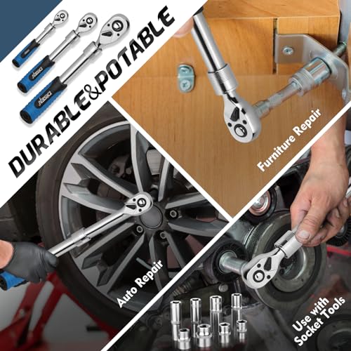DISEN 3PCS Extendable Ratchet Wrench Set,1/4" 3/8" 1/2" Drive 72-Tooth, Quick-Release, Reversible Drive Socket Wrenches,Soft Grip Handle with Storage Tray - size: 1/4''+3/8''+1/2'' Set, style: 72T Extendable Ratchet