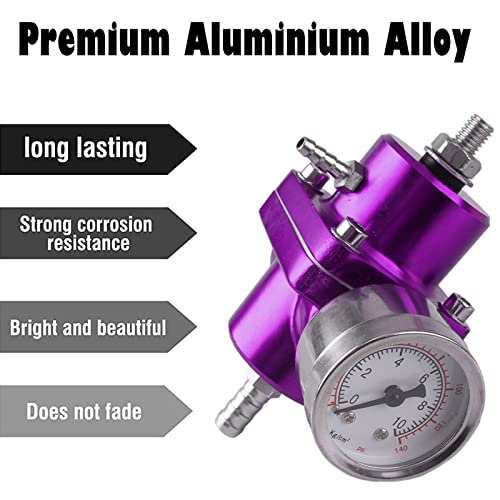 BARTOO Universal Adjustable Fuel Pressure Regulator Kit, Aluminum Fuel Regulator, Adjustable Gas Oil Injection Pressure Regulator with 0-140 PSI Gauge -Purple - color: Purple