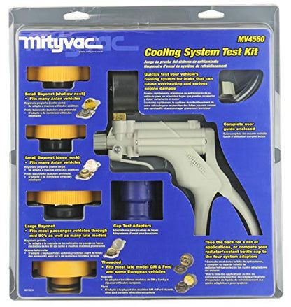 Mityvac MV4560 Radiator/Cooling System Pressure Test Kit for Asian, European, US Cars and Light Duty Trucks, Includes Hand Pressure Pump, 4 Cooling System and 2 Dual-Function Cap Test Adapters