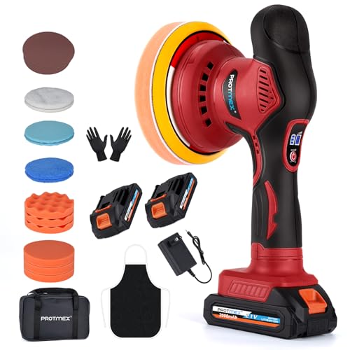 Protmex Cordless Car Buffer Polisher w/ 2x2000mAh 21V Batteries, 6 Inch Car Buffer Waxer Kit, Car Polishing Machine w/Extra 18 PCS Attachments & 6 Variable Speed (Red) - color: Red