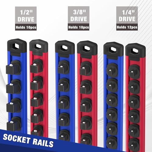 WORKPRO 8-Piece Magnetic Socket Rail and Magnetic Wrench Organizer Set | 6-Piece Socket Organizers, 1/4" 3/8" 1/2" Drive Socket Holders, 2-Piece Wrench Holders, For Metric SAE Wrenches
