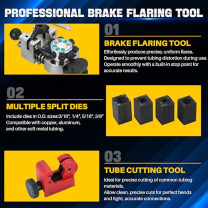 DASBET Brake Line Flaring Tool Kit for 45 Degree Single | Double and Bubble Flares, Brake Flare Tool for 3/16", 1/4", 5/16", 3/8" Copper Metal Tubing, Brake Line Tubing Flaring Tool