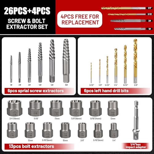 30PCS Screw Extractor Set & Bolt Extractor Set, Left Hand Drill Bit Set, Easy Out Extractor Set，Stripped Bolt Remover Tools，Cobalt HSS Steel Kit for Damaged, Rounded-Off Bolts, Screws, Nuts, Studs - size: 30PCS