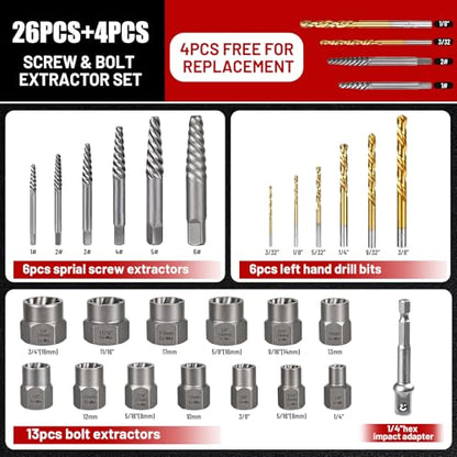 30PCS Screw Extractor Set & Bolt Extractor Set, Left Hand Drill Bit Set, Easy Out Extractor Set，Stripped Bolt Remover Tools，Cobalt HSS Steel Kit for Damaged, Rounded-Off Bolts, Screws, Nuts, Studs - size: 30PCS