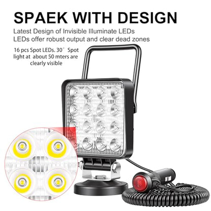 SKYWORLD Magnetic Mount LED Work Light, 2PCS 4 Inch 48W Square Spot Off Road Driving Fog Lamp 12V 24V with Portable Magnetic Base Holder for Truck Tractor Trailer Car Boat Engineering Vehicle - size: 2Pcs 4 Inch 48W Spot