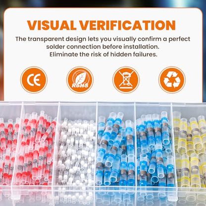 200PCS Solder Seal Wire Connectors Kit - Heat Shrink Butt Splice with Pre-Installed Solder Rings, 26-10AWG, Waterproof, for Marine/Auto/Industrial/Home/RC Car/DIY Wiring