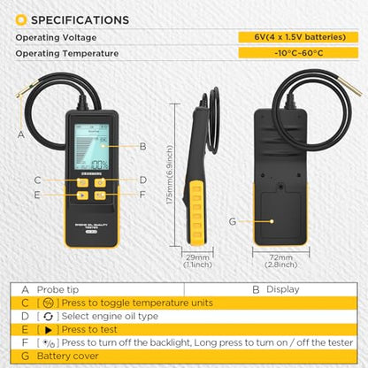 Engine Oil Quality Tester for Gasoline & Diesel | Digital Oil Diagnostic Tool Handheld Analyzer with 31.5in Probe, 2.8in Display - color: BLACK, size: Engine Oil Tester