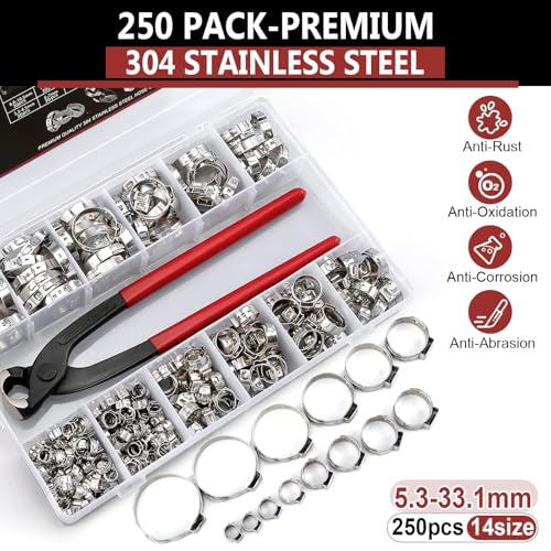 250PCS 14 Sizes Single Ear Hose Clamp, 5.3-33.1mm 304 Stainless Steel Ear Clamp Kit with Ear Clamp Pincer, Stepless Hose Clamps Cinch Rings for Automotive, Home Appliance Line and Plumbing - size: 5.3-33.1 mm, style: 250PCS 14SIZE