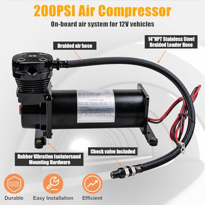 Heavy Duty 200 PSI Air Horn Compressor, 3/8 NPT Train Horns Ride Compressor with 1/4 NPT Replacement Fittings for 12V Train/Truck/Car