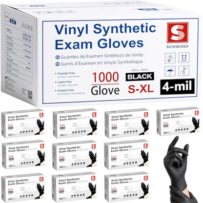 Schneider Vinyl Synthetic Exam Gloves, 4 Mil, Latex Free Disposable Gloves for Medical, Cooking, Cleaning, and Food Prep - color: 08 Black(xl 1000)