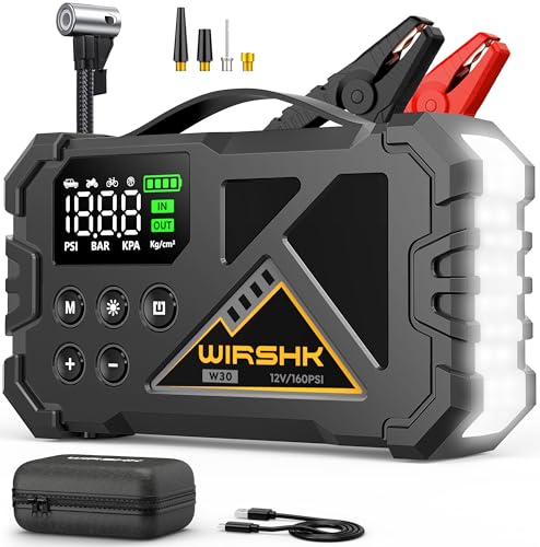 Jump Starter with Air Compressor, 8000A 160PSI Portable 12V Car Jump Starter for All Gas or 10.0L Diesel Engine, Battery Booster with LCD Display, LED Light & Jump Cables - size: L-30