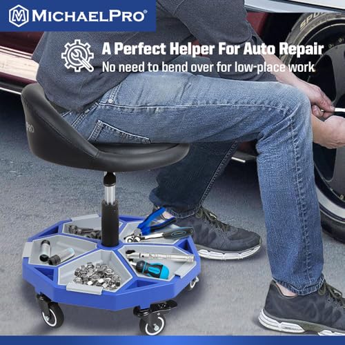 MichaelPro Rolling Mechanic Stool with 5 Removable Tool Trays for Storage, Pneumatic Garage Shop Chair with 350 lb Capacity, Adjustable Height, Padded Swivel Shop Stool with Wheels, Brakes, Backrest