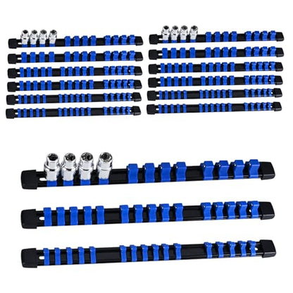 Socket Organizer Set 15PCS ABS Holder Kit - 1/4-Inch x 80, 3/8-Inch x 75, 1/2-Inch x 60 Clips, Drive Tray, Rail - Blue - color: Blue, size: 15PC 1/4x5,3/8x5,1/2x5