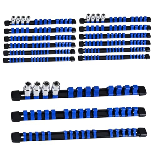 Socket Organizer Set 15PCS ABS Holder Kit - 1/4-Inch x 80, 3/8-Inch x 75, 1/2-Inch x 60 Clips, Drive Tray, Rail - Blue - color: Blue, size: 15PC 1/4x5,3/8x5,1/2x5