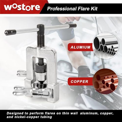 Wostore Brake Line Flare Kit, SAE Double & ISO Bubble, 7 Dies 3/16-5/8" | SAE double & ISO bubble flare tool with 7 dies (3/16-5/8"). Includes tubing cutter & pipe reamer. For brake line & fuel line. - size: Flaring tool