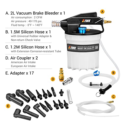 EWK 22-Piece Pneumatic Brake Fluid Bleeder Kit, 2L Vacuum Pump with 17 Adapters & 2 Hoses, One-Person Brake & Clutch Fluid Flush Tool for Cars, Motorcycles, Trucks & ABS Systems