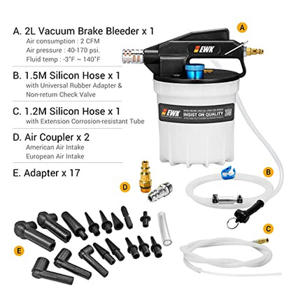 EWK 22-Piece Pneumatic Brake Fluid Bleeder Kit, 2L Vacuum Pump with 17 Adapters & 2 Hoses, One-Person Brake & Clutch Fluid Flush Tool for Cars, Motorcycles, Trucks & ABS Systems