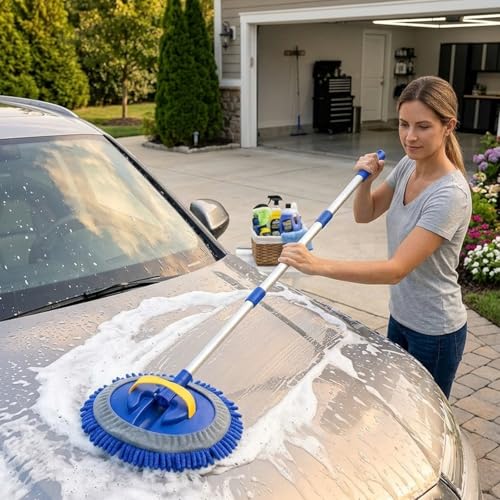 42" Car Wash Brush, Portable Car Wash Mop with Ultralight Telescopic Handle | Chenille Microfiber Car Wash Kit, Car-Safe Wash Mop with Long Handle for Cars, Caravans, Vans, Trucks, Boats & RVs