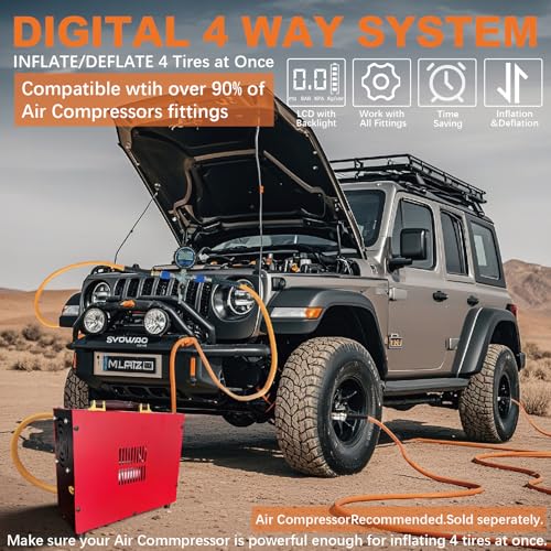 Outran 4 Tire Inflation Deflation System Up to 200" Wheelbase,High Flow 4 Tire Inflator for Truck, Car, Trailers & Motorcycles with Digital Tire Pressure Gauge and Closed Flow Air Chuck