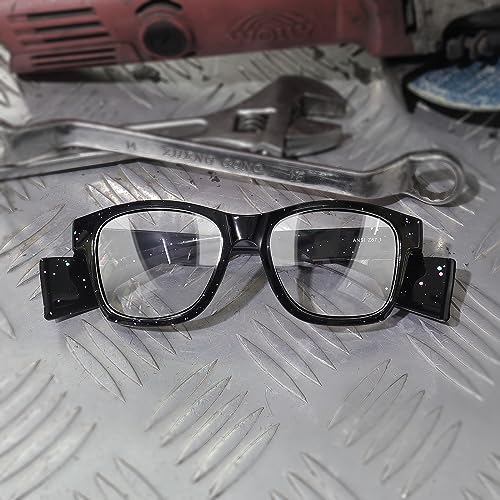UKNOW Safety Glasses - Anti Fog Lenses - Eye Protection with Side Shields - ANSI Z87.1 Protective Eyewear - UV Protection - color: Black With Blue & Pink Splatters