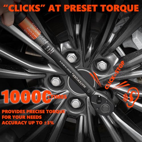 Matework 1/2 Inch Drive Click Torque Wrench, 10-180 ft.lb/13.6-244.1 Nm, ±3% High Precision Lug Nut Torque Wrench with 72 Tooth Dual-Direction for Moto, Wheel Tire and Car Repair - size: 1/2-inch (Single, 10-180 ft.lb/13.6-244.1 nm)