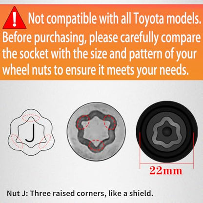 J-Wheel Locking Nut Key Compatible with Toyota, Lexus, Tacoma | Wheel Lock Nut Socket Adapter, Anti-Theft Lug Nut Removal Tool, Anti-Theft Screw Remover, Repair Tool, Tyre Fitting, garage - size: Socket J