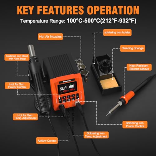 TOOLOUR 2-IN-1 851D Soldering Station, Iron Kit, 302°F-932°F Fast Heating, Hot Air Rework Desoldering Kits includes 9 Accessories, Dual Channel Control, 90-Level Airflow,ESD Save for SMD, PCB, DIY