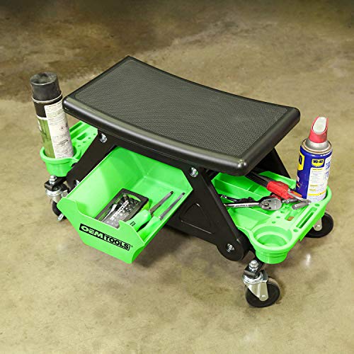 OEMTOOLS 24986 Heavy-Duty Rolling Workbench and Creeper Seat, Mechanics Stool with Wheels, Creepers, Shop Stools with Wheels, Automotive, Green and Black 300 LB Capacity | Molded Creeper Seat & Frame, 4 Multi-Purpose Cup Holders, Sliding Front Drawer for