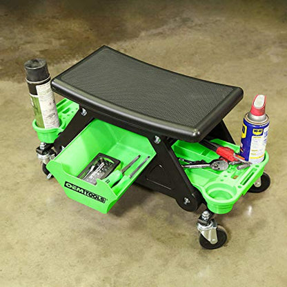 OEMTOOLS 24986 Heavy-Duty Rolling Workbench and Creeper Seat, Mechanics Stool with Wheels, Creepers, Shop Stools with Wheels, Automotive, Green and Black 300 LB Capacity | Molded Creeper Seat & Frame, 4 Multi-Purpose Cup Holders, Sliding Front Drawer for