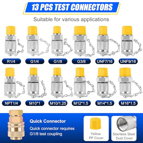 Hydraulic Pressure Test Kit with Storage Case | 5 Gauges 10-600 Bar/150-10000 PSI, 13 Couplings, 14 Connectors, 5 Hoses, Hydraulic Test Kit for Excavator & Construction