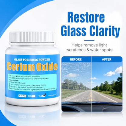 Cerium Oxide Glass Polishing Powder (1 lb) – 99% Pure White 1 Micron Glass Polish Compound for Windshield & Car Window Scratch Repair, Removes Wiper Marks & Water Spots